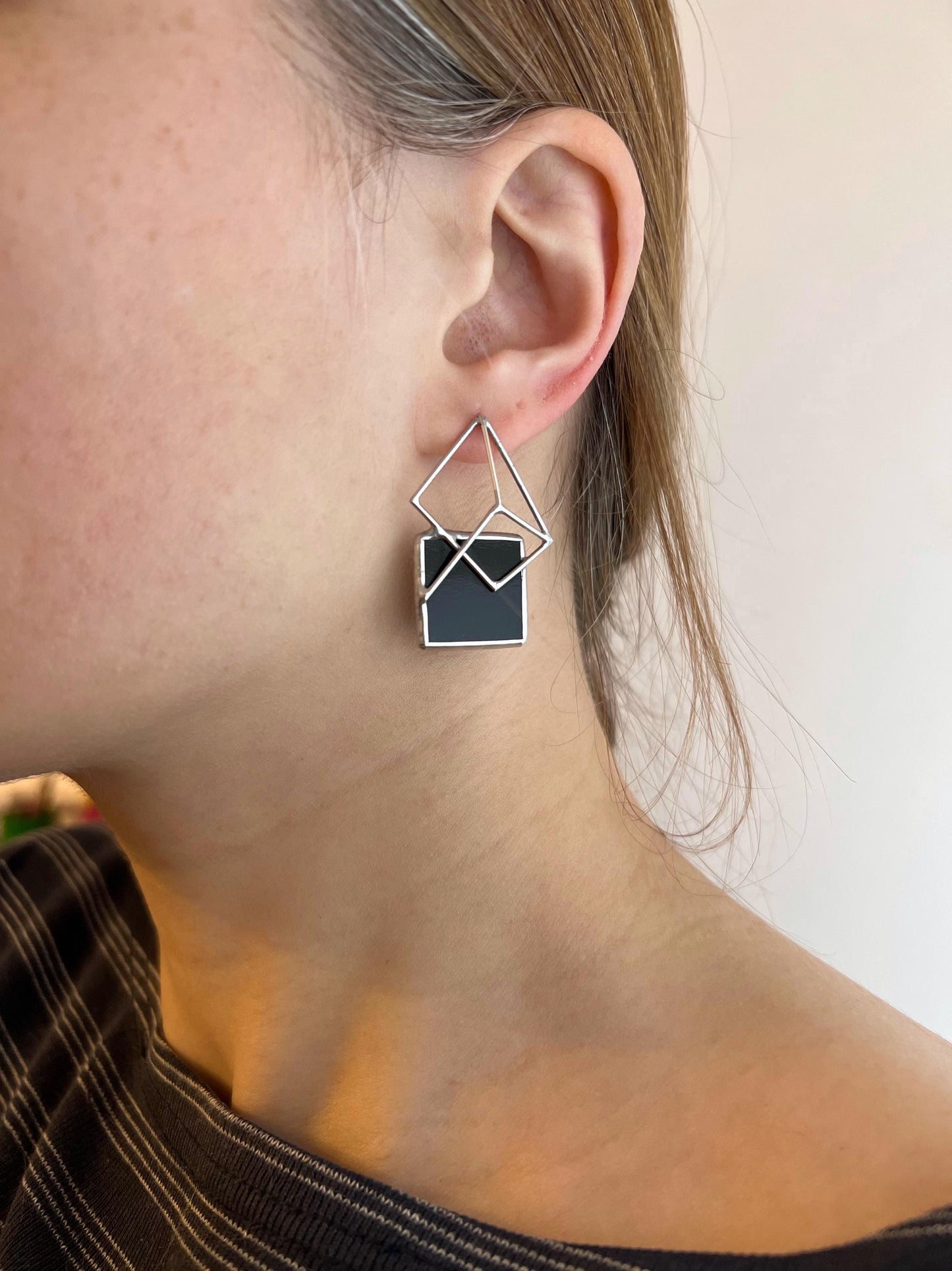 Geometric Pyramid Stud Earrings: Enamel Silver Cyber Gothic Jewelry