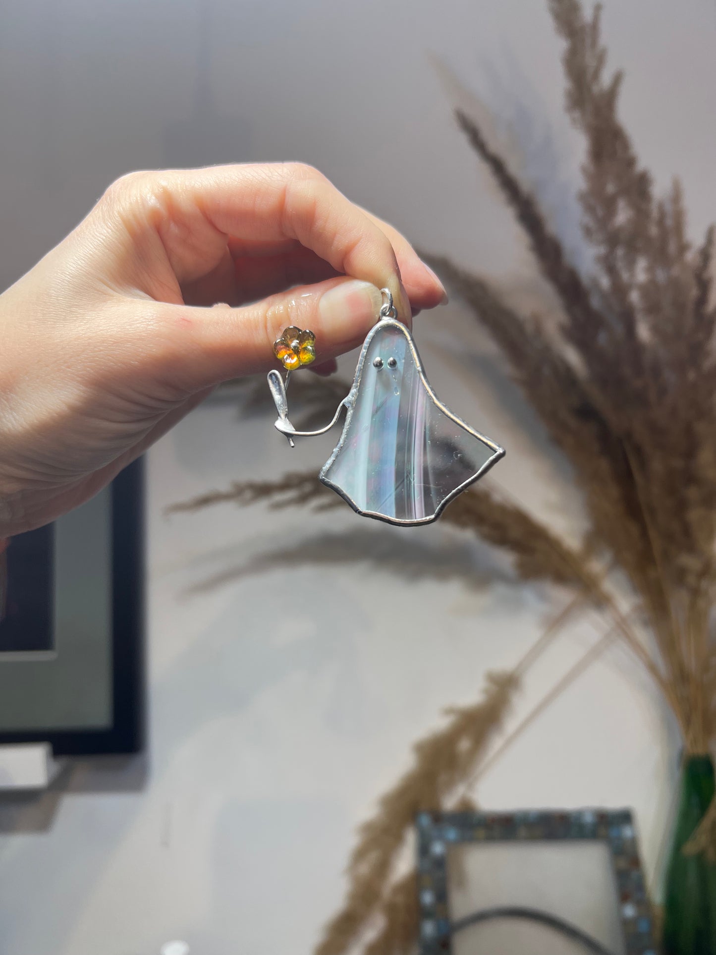 Iridescent Stained Glass Ghost Pendant: Spooky Halloween Necklace
