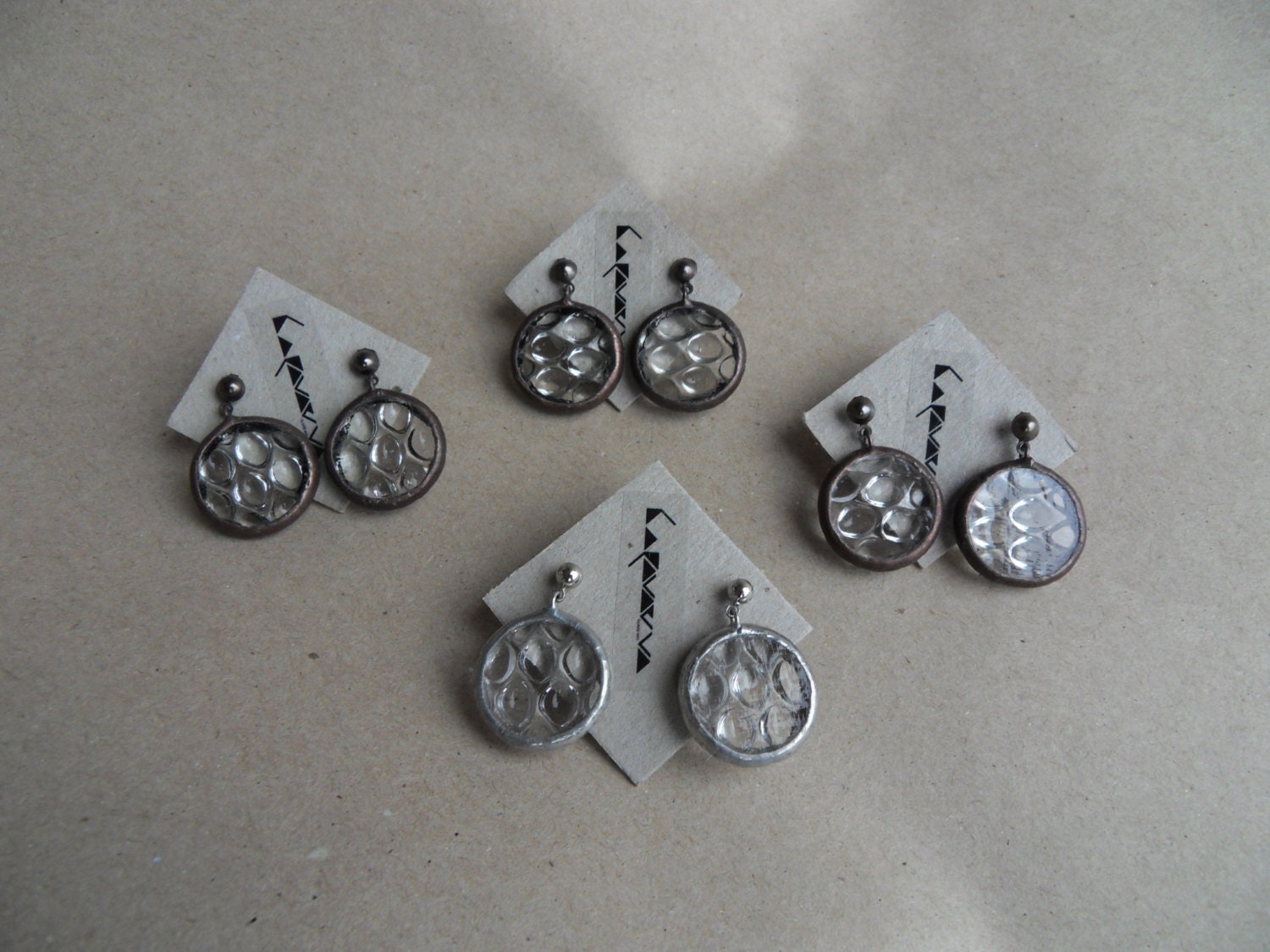 Stained Glass Raindrop Earrings: Round Crystalline Disc, Silver Studs