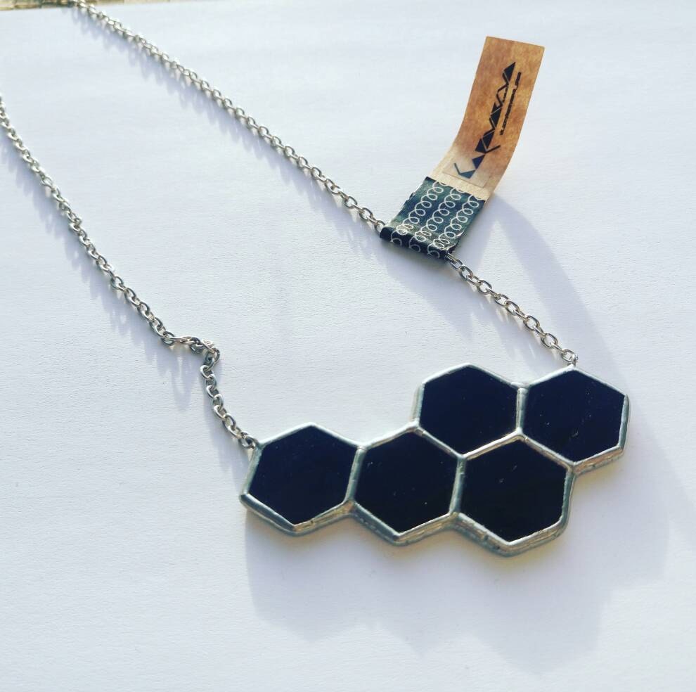 Stained Glass Honeycomb Necklace: Geometric Hexagon, Bee Lover Gift