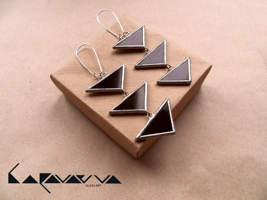 Unique triangle minimalist bohemian geometric jewelry stained glass, Big black stylish earrings Large dangle rocker, Geometric earrings