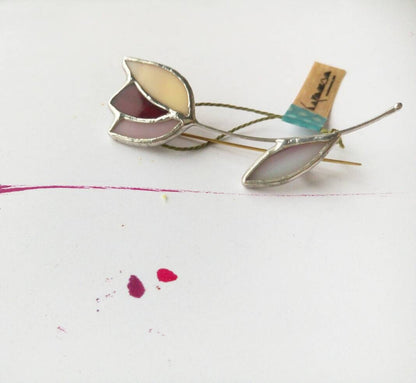 Pink stained glass tulip brooch handmade flower pin artisan botanical accessory
