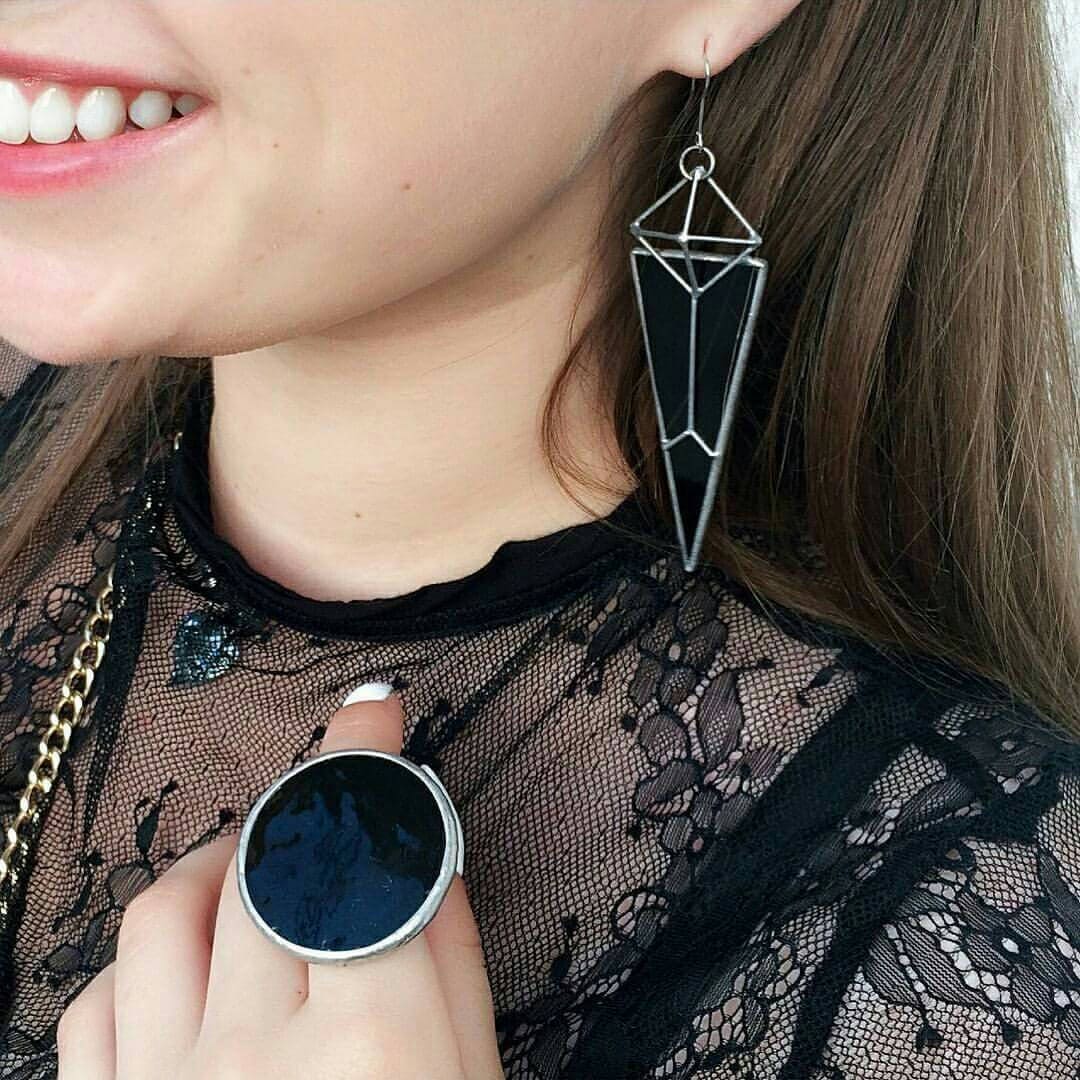 Black Stained Glass Statement Ring: Gothic Geometric Jewelry