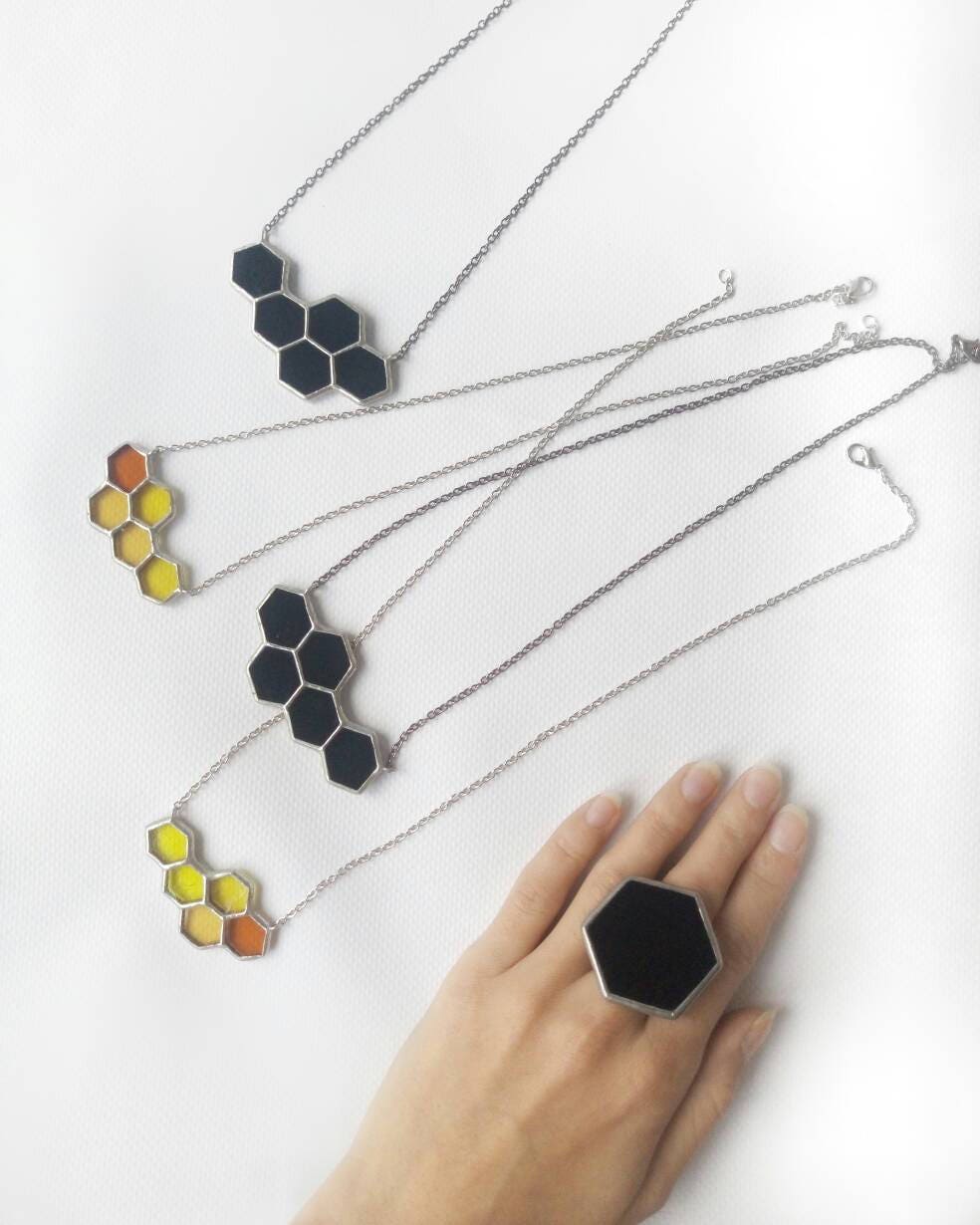 Set of stained glass honeycomb necklaces in different colors