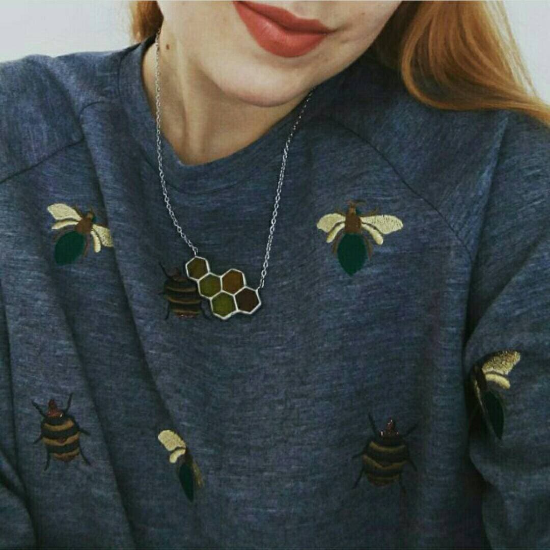 Minimalist geometric honeycomb necklace with black glass version