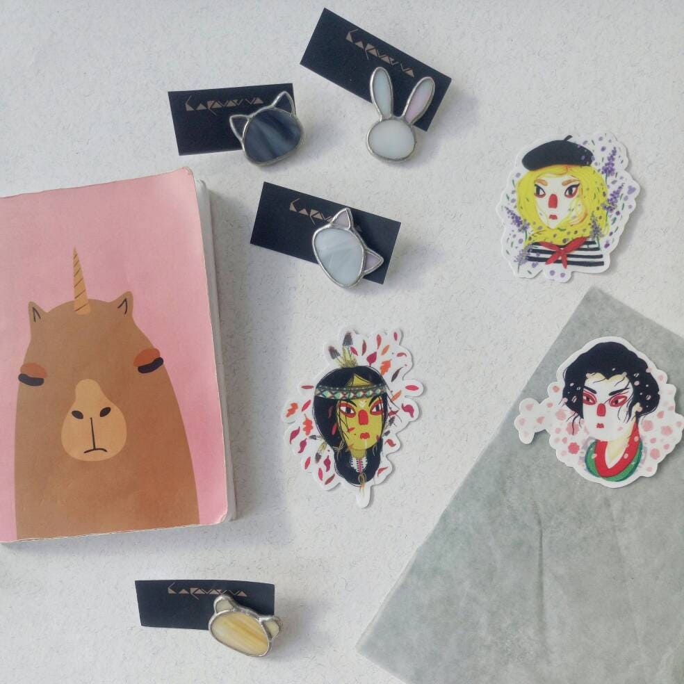Stained Glass Cat & Bunny Brooches: Kawaii Animal Pins, Handmade Jewelry