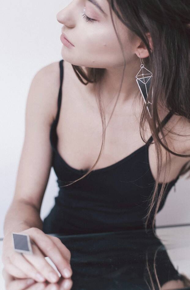 gothic hipster jewelry large black triangular earrings cube pyramid minimalist monumental geometric architectural design
