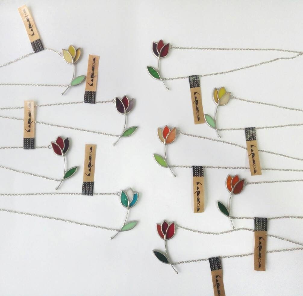 Stained Glass Tulip Necklace: Handmade Floral Pendant, Botanical Jewelry