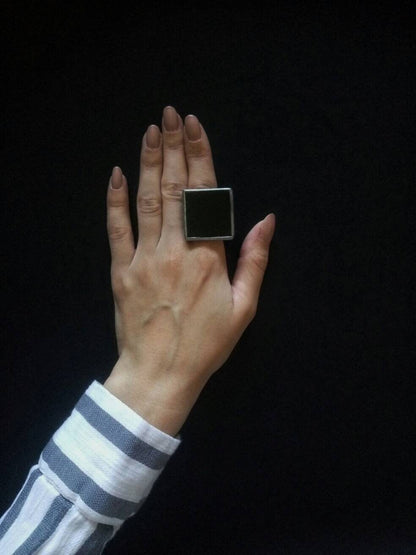 Handmade Iridescent White Square Ring: Chunky Geometric Statement Jewelry