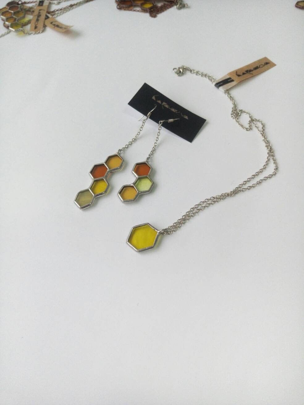 Honeycomb Dangle Earrings: Stained Glass Bee Jewelry