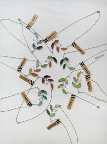 Stained Glass Leaf Necklace, Botanical Garden Jewelry, Tropical fall charm, green forest pendant