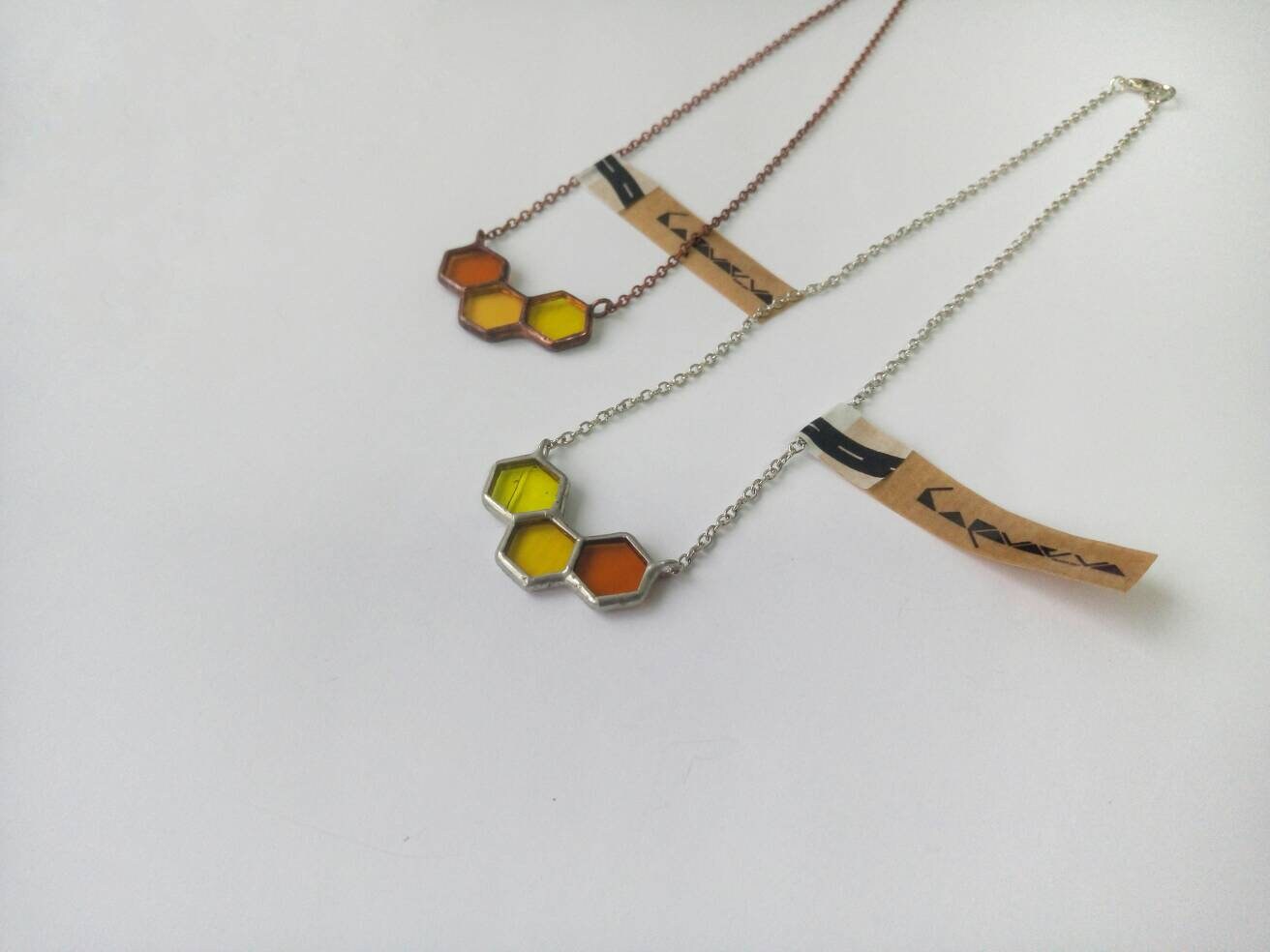 Handmade geometric honeycomb pendant with copper chain