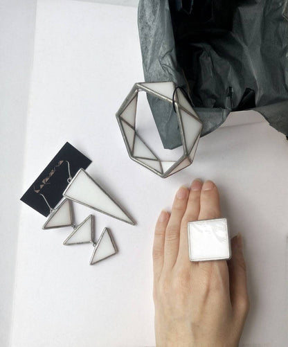 Asymmetric Stained Glass Triangle Earrings: Modern Geometric Dangle