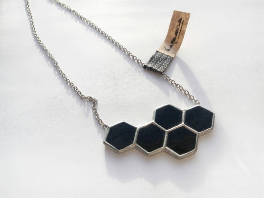 Black Glass Honeycomb Necklace: Geometric Stained Glass Pendant