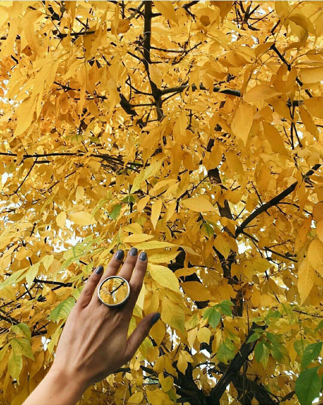 Ring with round mirror element, reflecting the surrounding landscape