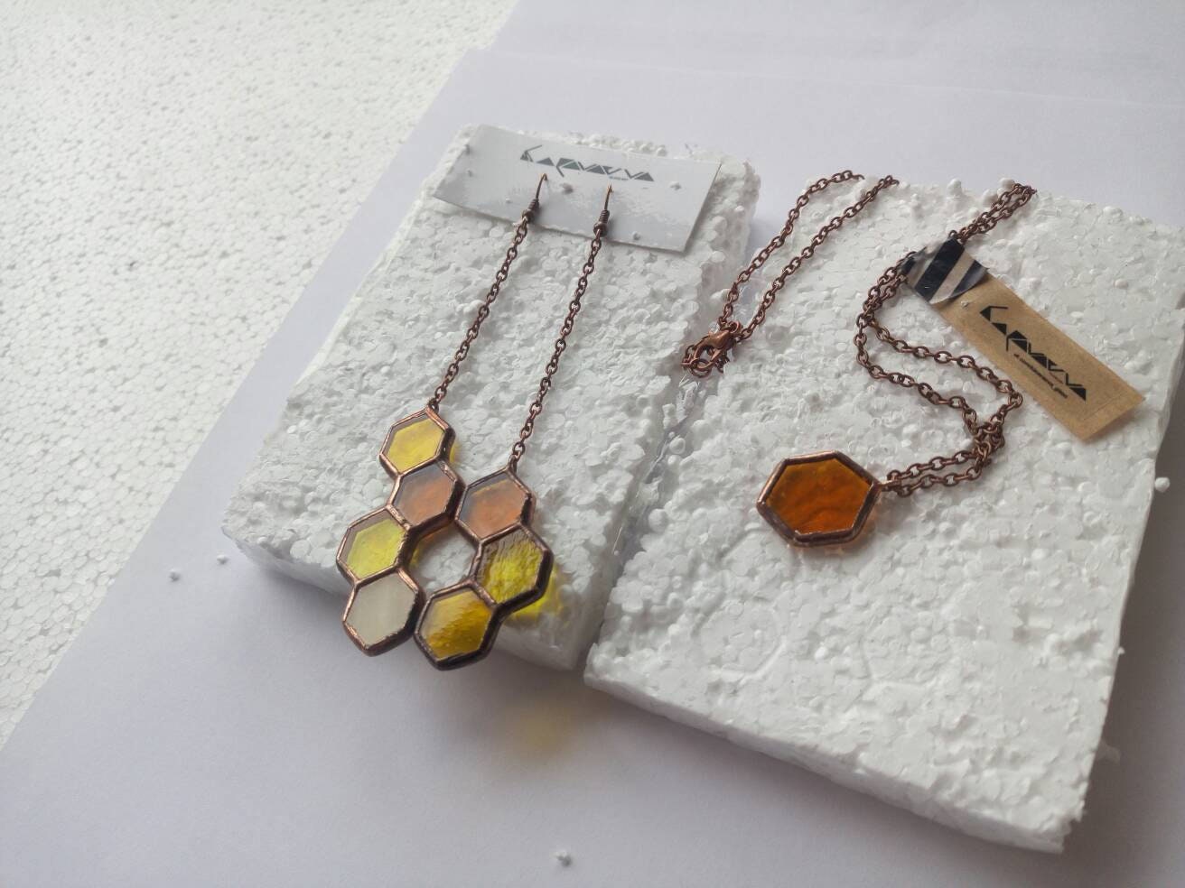 Honeycomb Dangle Earrings: Stained Glass Bee Jewelry