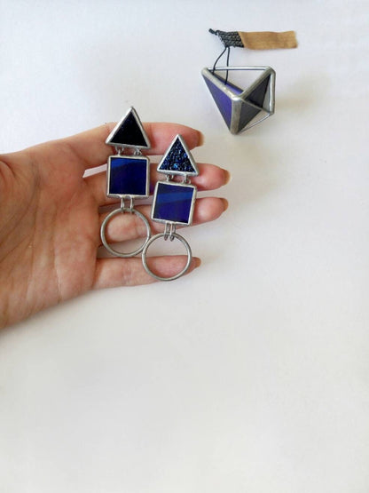 Black Geometric Earrings: Stained Glass Gothic Silver Studs