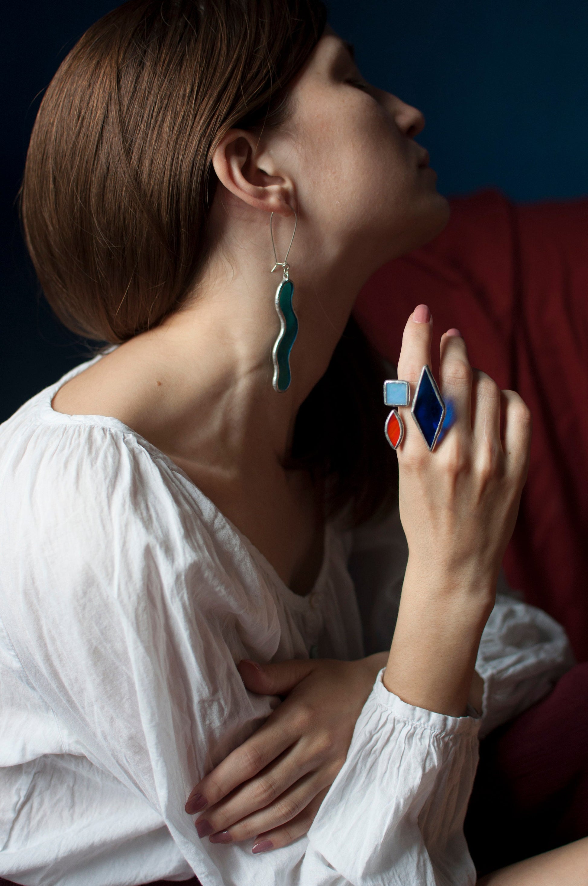 Asymmetric Blue Glass Statement Ring: Geometric Brass Cuff Jewelry