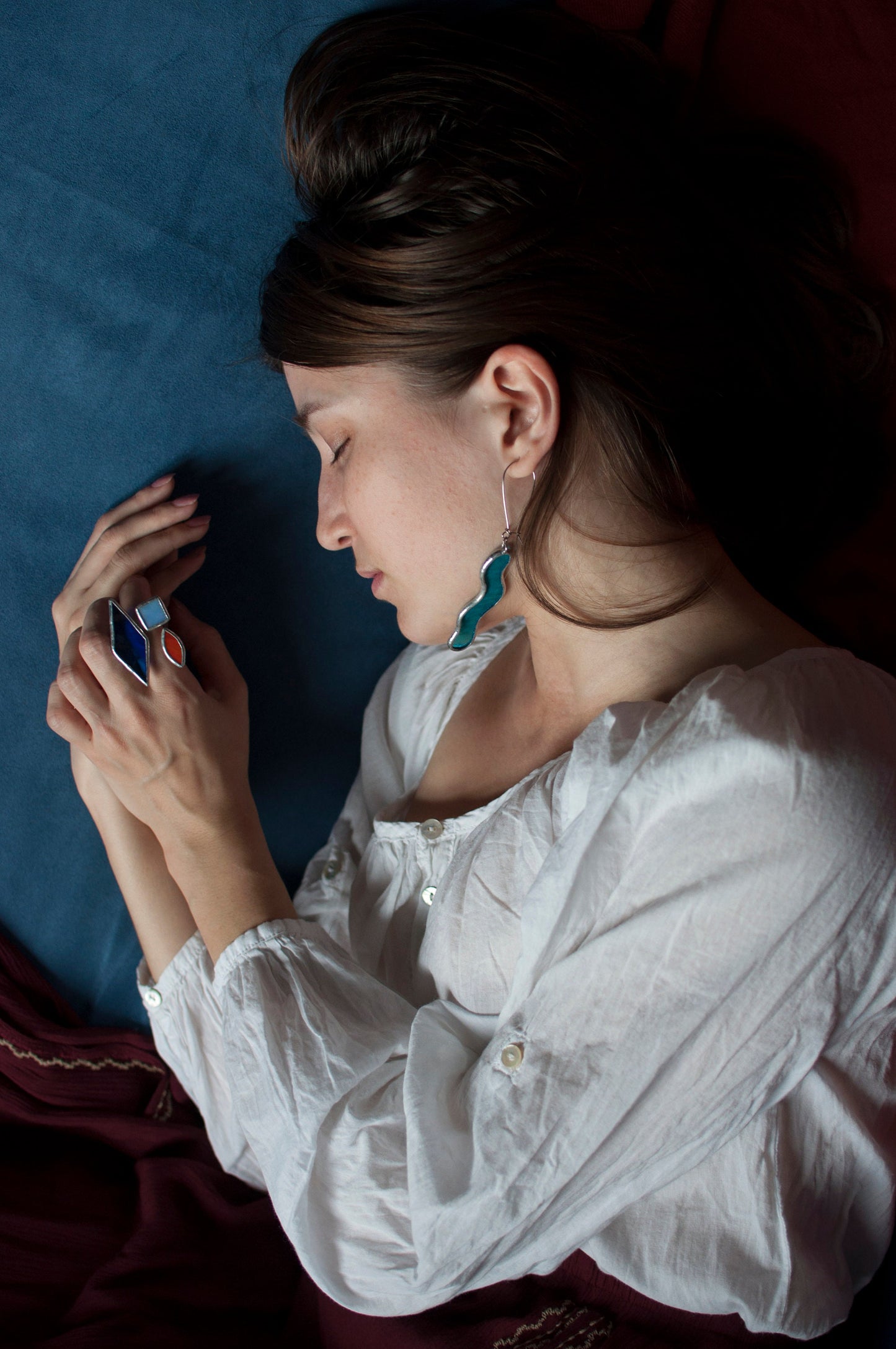 Asymmetric Blue Glass Statement Ring: Geometric Brass Cuff Jewelry