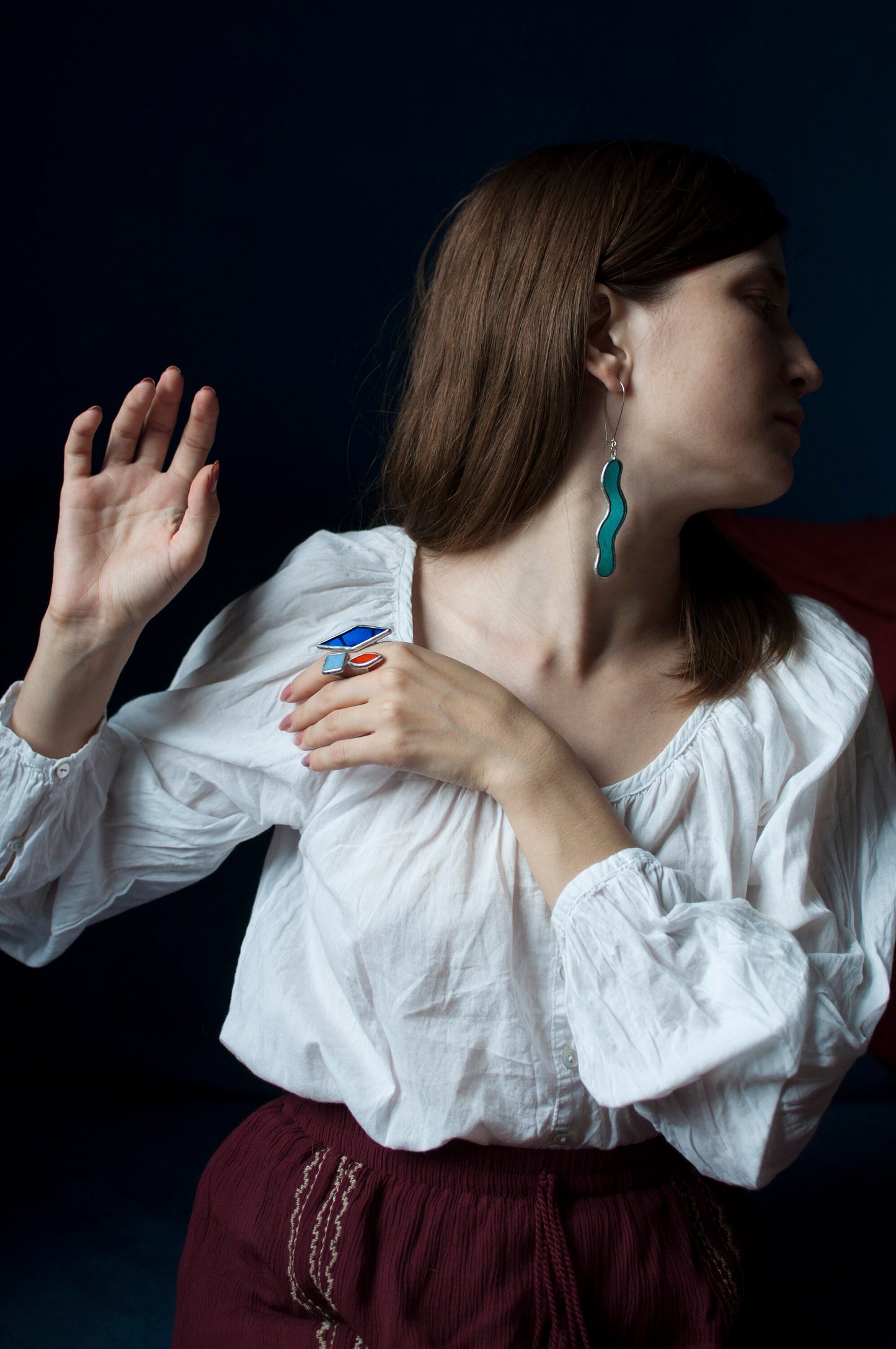 Asymmetric Blue Glass Statement Ring: Geometric Brass Cuff Jewelry