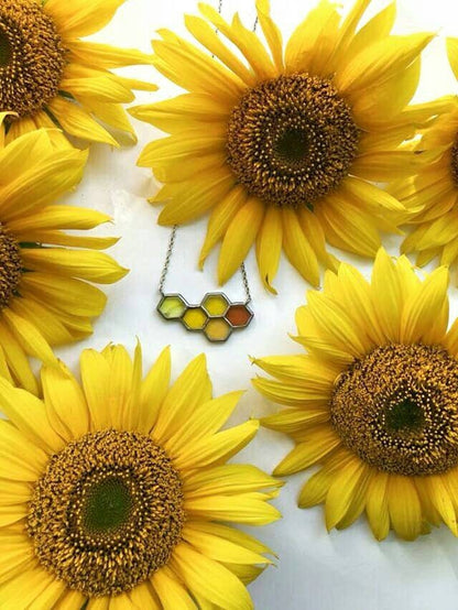 Honeycomb Necklace: Yellow Bee Hexagon Pendant, Geometric Jewelry