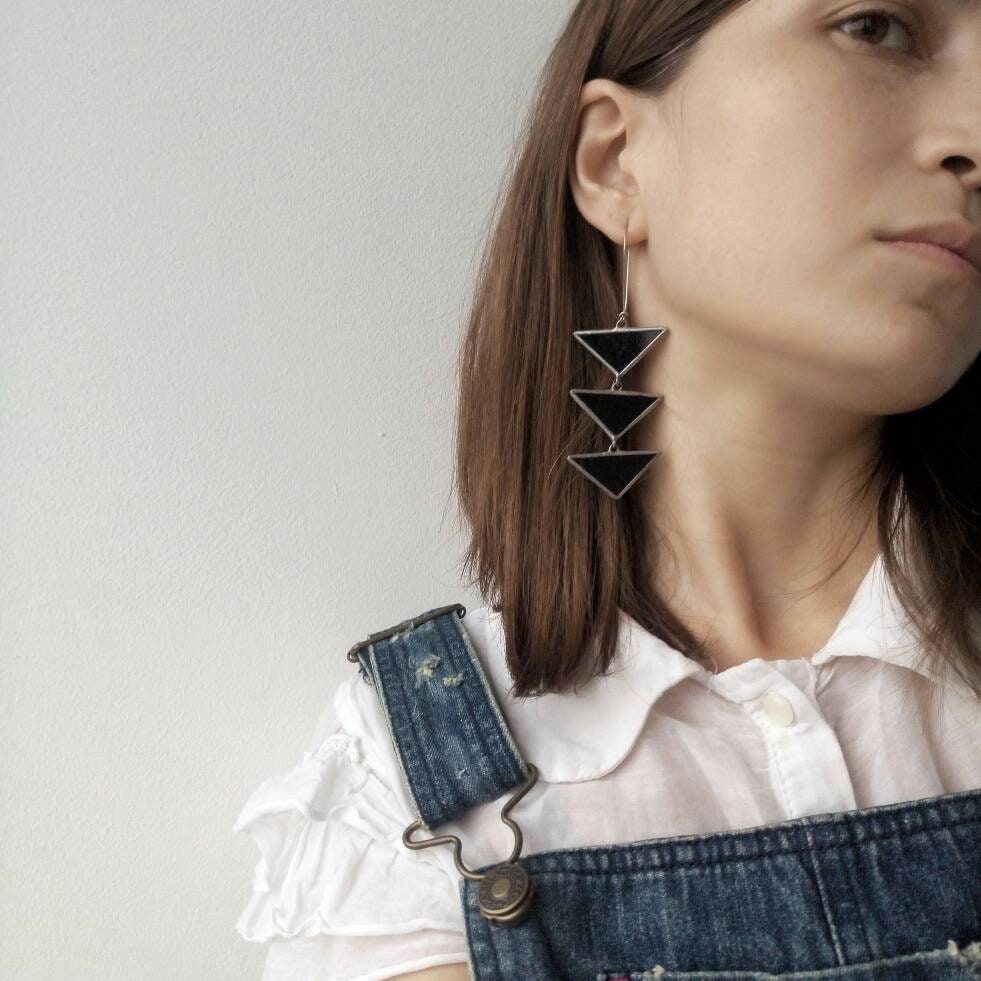 Stained Glass Triangle Earrings: Black Geometric Dangle Jewelry