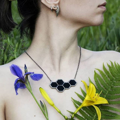 Black Glass Honeycomb Necklace: Geometric Stained Glass Pendant