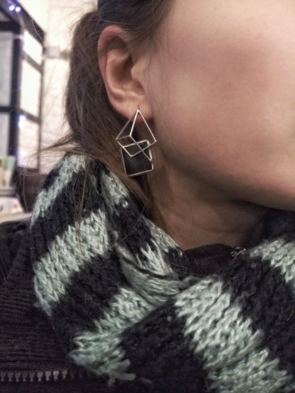 Geometric Pyramid Stud Earrings: Enamel Silver Cyber Gothic Jewelry