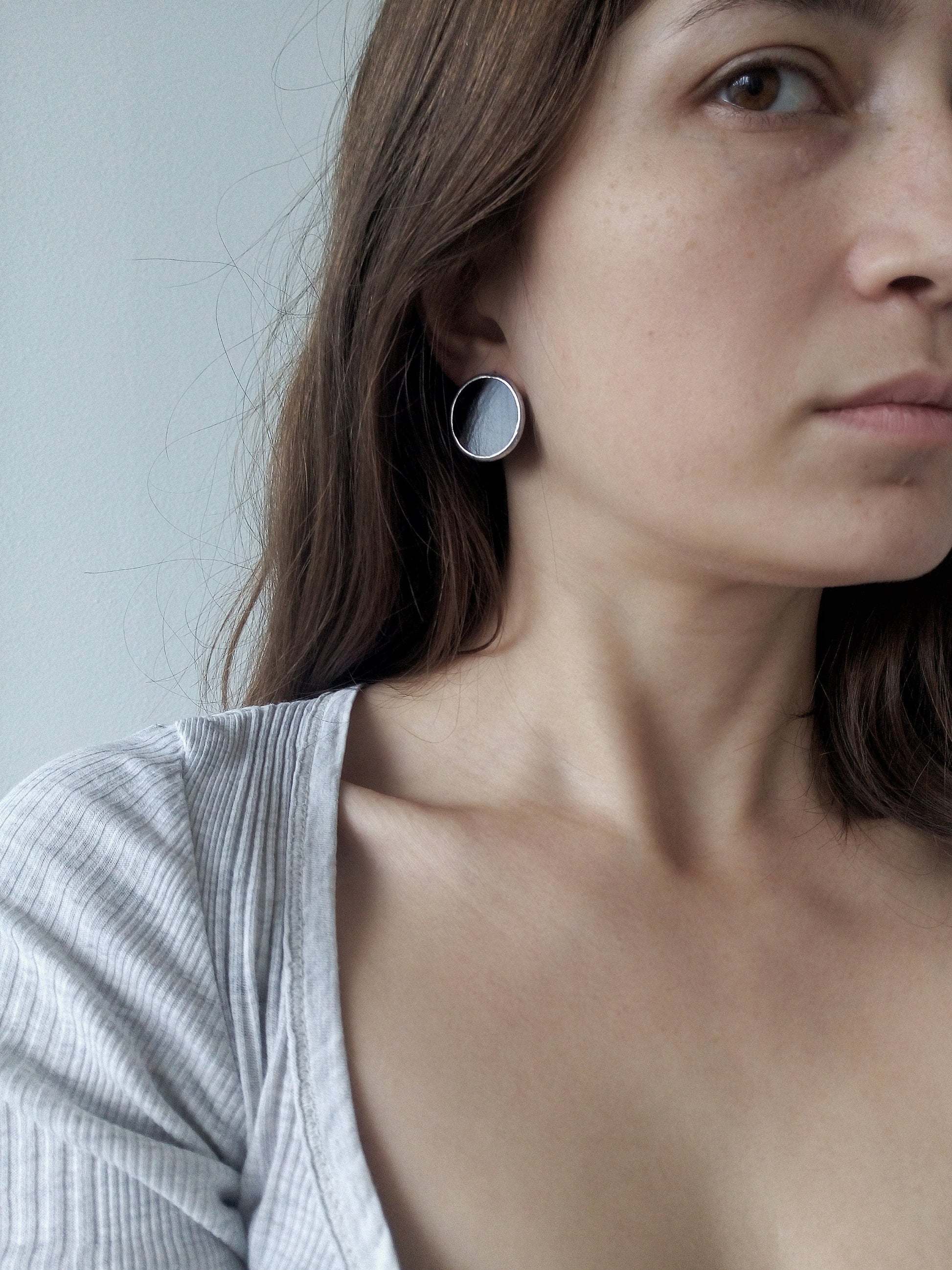 Black Round Stud Earrings: Large Silver Disc, Geometric Enamel Jewelry