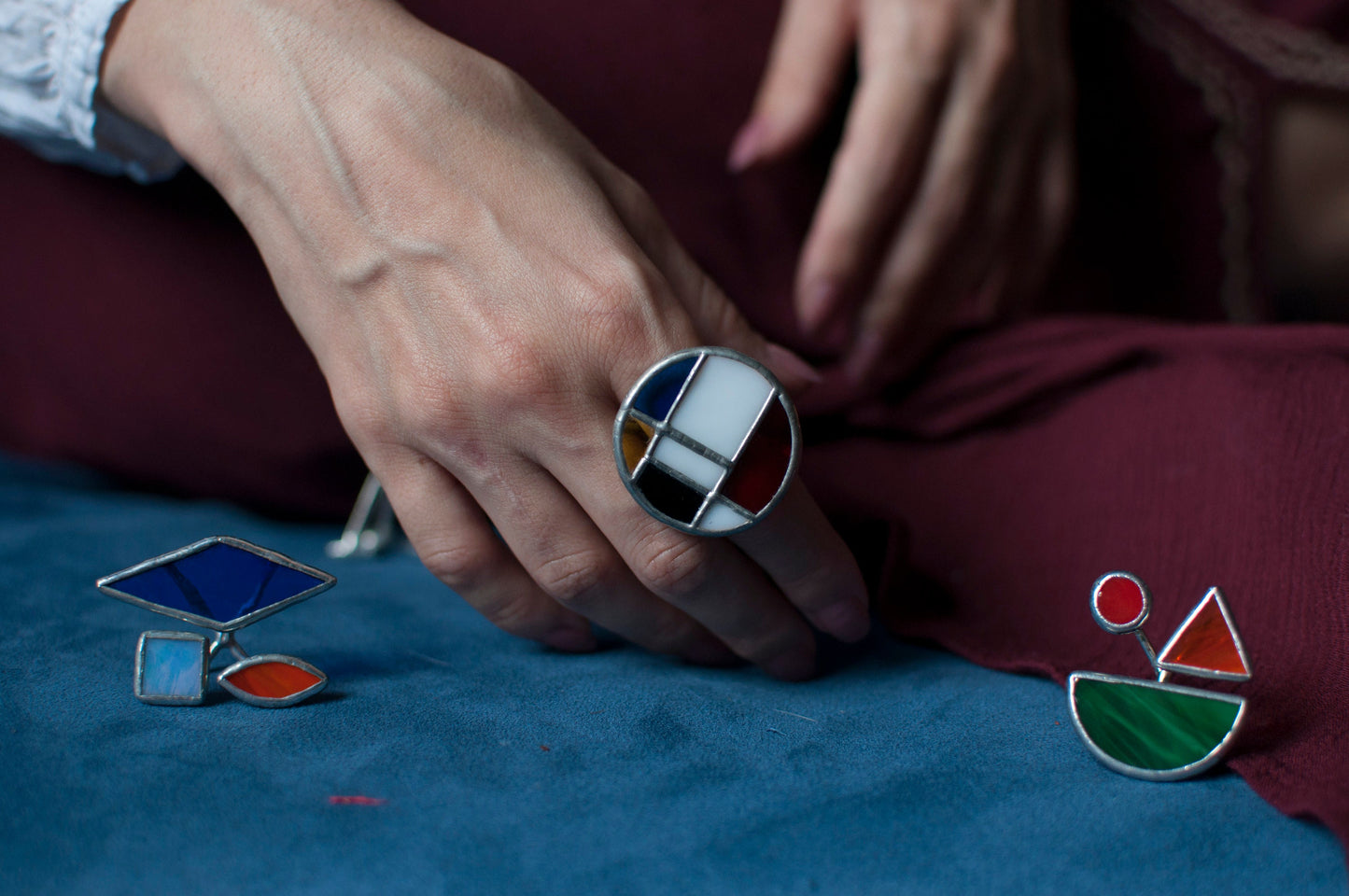 Stained Glass Geometric Ring Set: Chunky Statement Jewelry