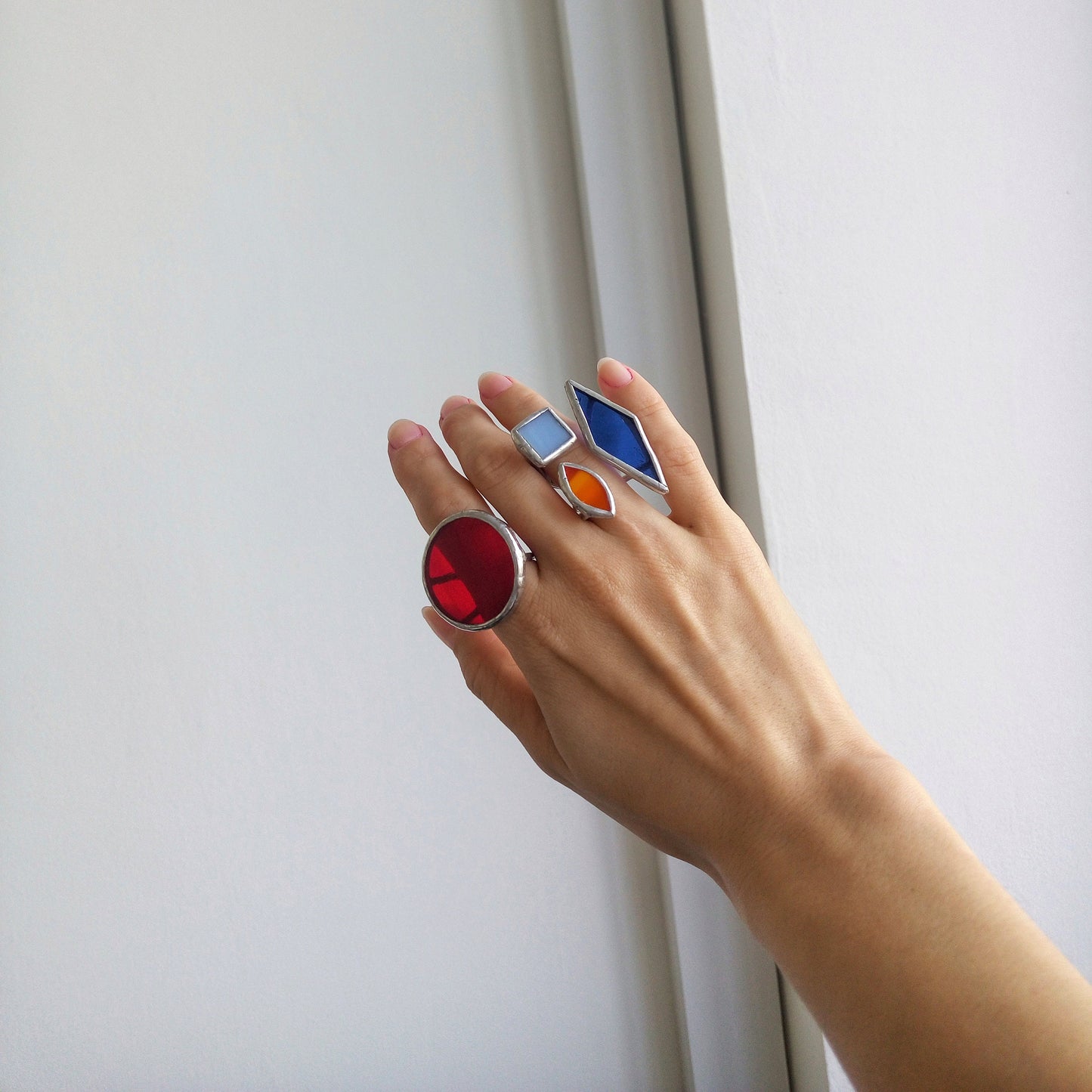 Asymmetric Blue Glass Statement Ring: Geometric Brass Cuff Jewelry