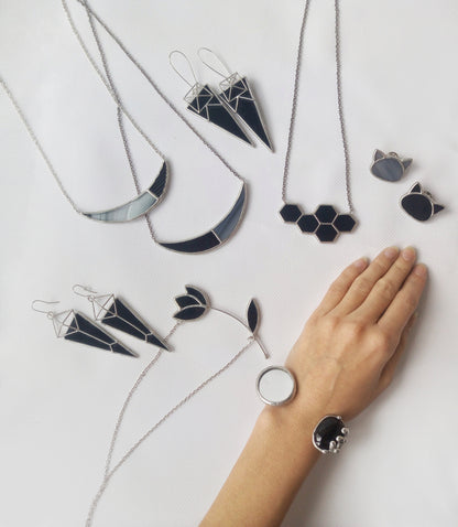 Black Glass Honeycomb Necklace: Geometric Stained Glass Pendant