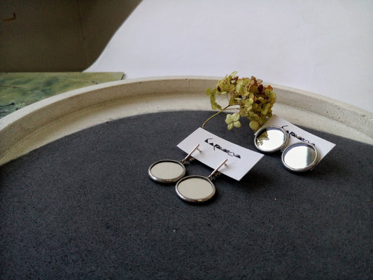 Mirror stud earrings, dangle earrings, stain glass earrings, art glass jewelry, women earrings, disc studs earrings, geometric drop earrings