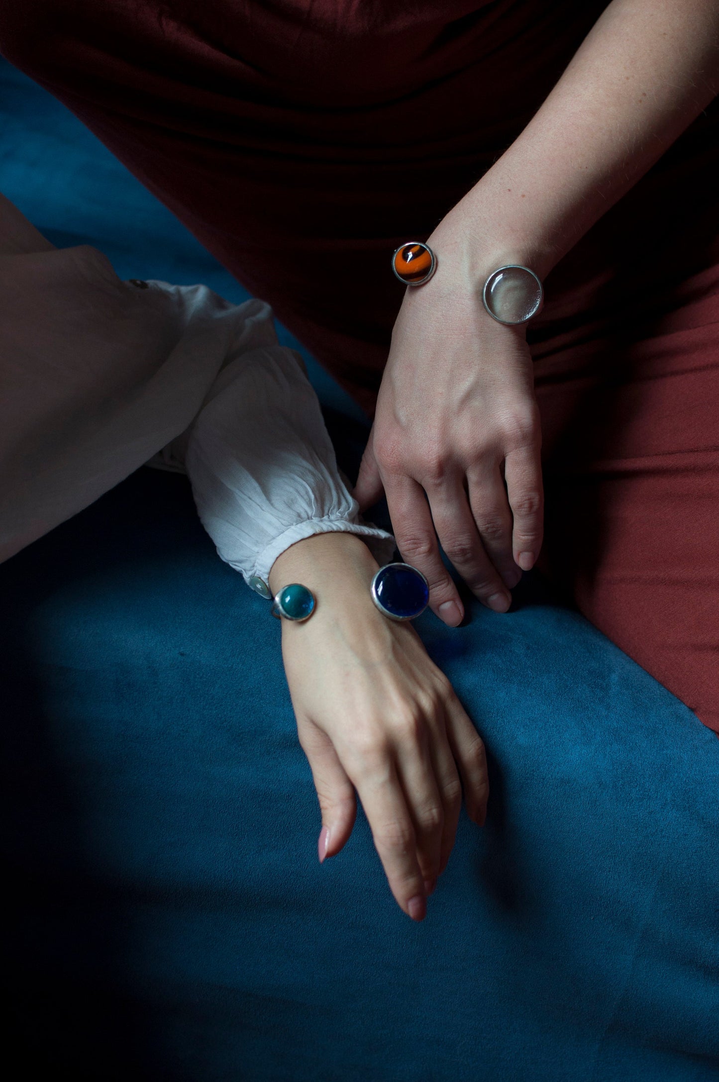 Stained Glass Cuff: Clear Blue Fused Bracelet, Adjustable Open Band