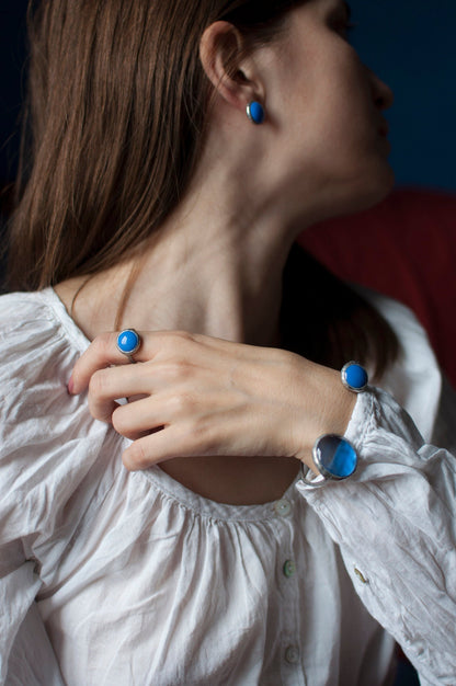 Stained Glass Cuff: Clear Blue Fused Bracelet, Adjustable Open Band