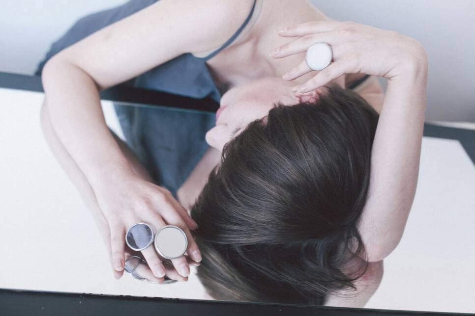 Minimalist handmade clear blue, white and mirror stained glass rings with large round glass element