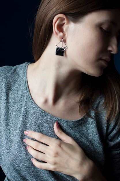 Geometric Pyramid Stud Earrings: Enamel Silver Cyber Gothic Jewelry