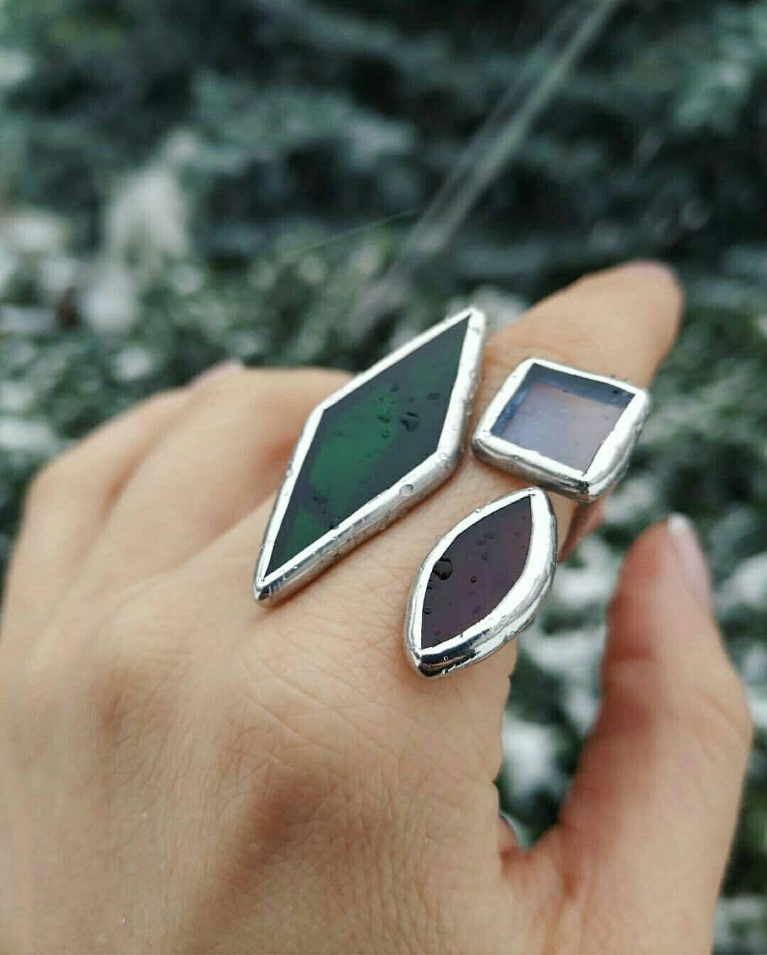 Asymmetric Blue Glass Statement Ring: Geometric Brass Cuff Jewelry