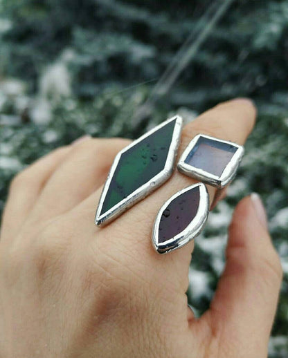 Asymmetric Blue Glass Statement Ring: Geometric Brass Cuff Jewelry