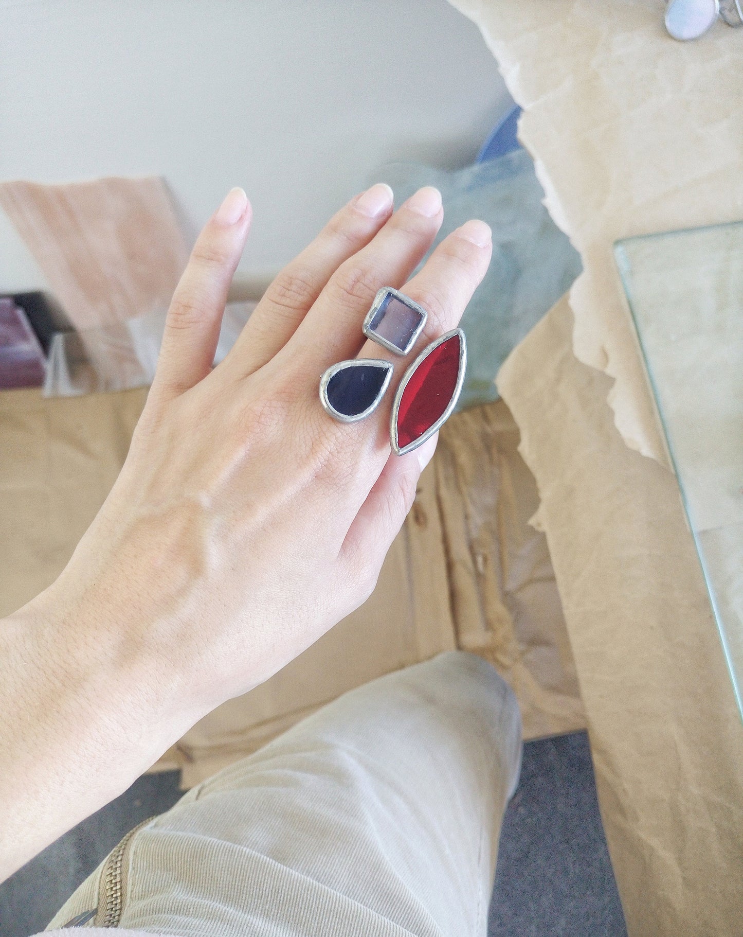 Chunky stained glass ring with blue tear drop red marquise and square clear glass handmade