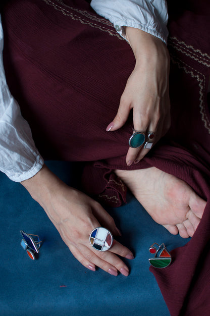 Stained Glass Geometric Ring Set: Chunky Statement Jewelry
