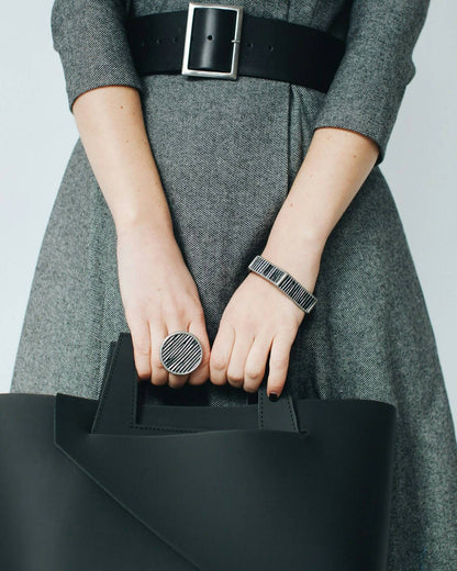 Black chunky round ring for women, large disk ring, statement stained glass ring, gothic geometric ring, minimalist jewelry, gift for her