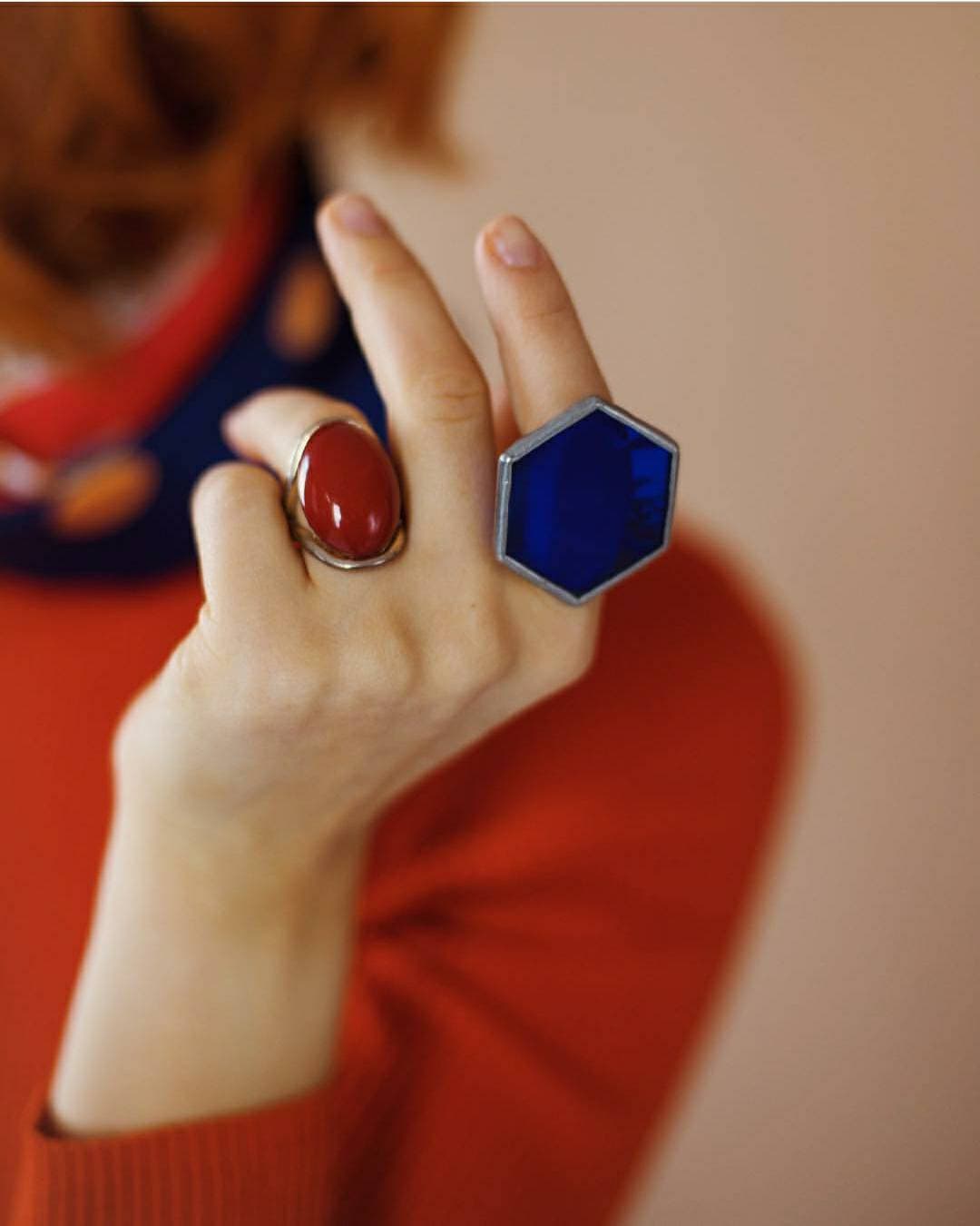 Chunky Hexagon Ring: Sapphire Blue Stained Glass Statement Jewelry