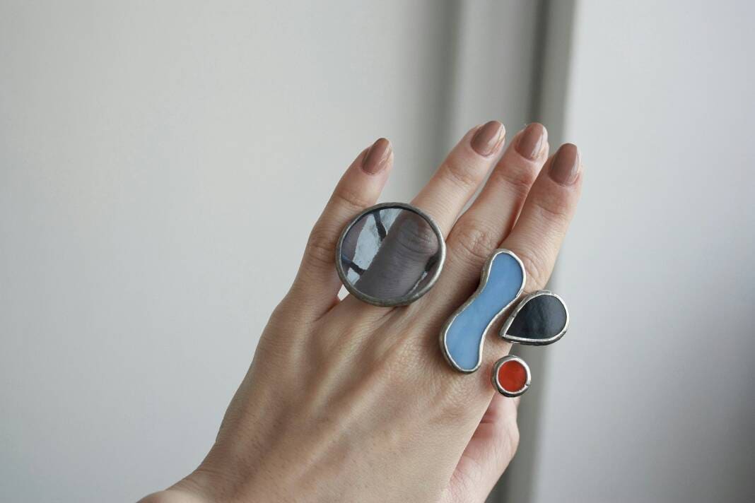 Geometric Blue Stained Glass Ring: Minimalist Statement Jewelry