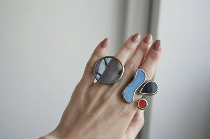 Handmade geometric statement art ring in colorful glass