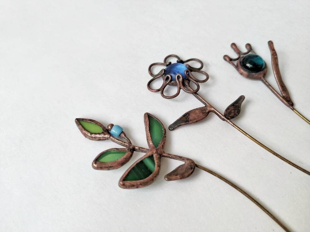 Stained Glass Flower Pin: Copper Wire Wrapped Brooch