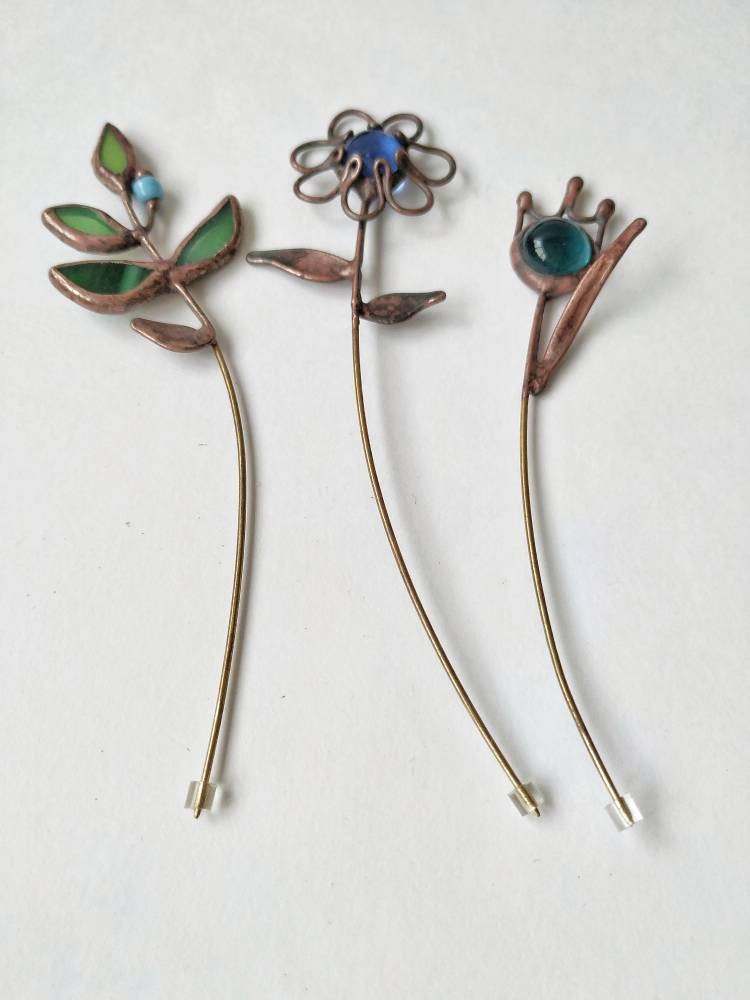Stained Glass Flower Pin: Copper Wire Wrapped Brooch
