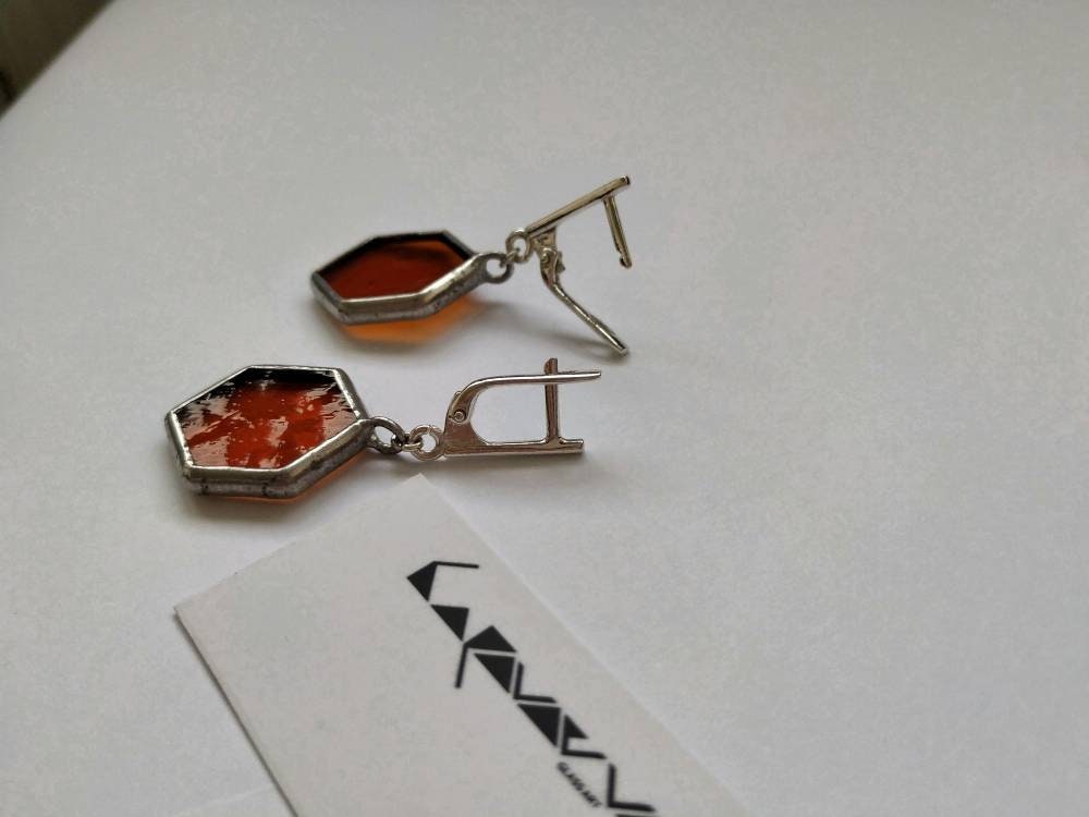 Honeycomb Dangle Earrings: Raw Amber, Stained Glass, Silver Hex Jewelry