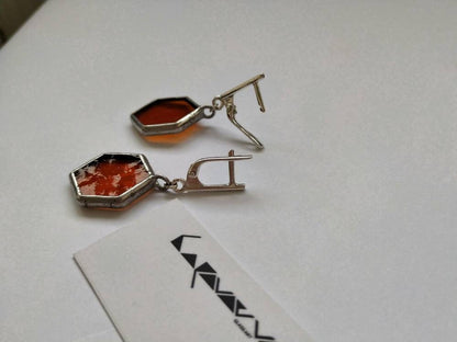 Honeycomb Dangle Earrings: Raw Amber, Stained Glass, Silver Hex Jewelry