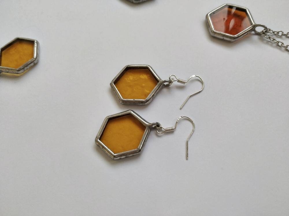 Honeycomb Dangle Earrings: Raw Amber, Stained Glass, Silver Hex Jewelry